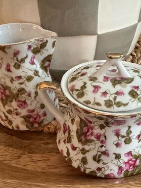 Lefton Rose Chintz Porcelain Sugar Bowl & Creamer Set with Gold Trim